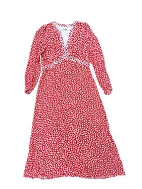 Boden Dress Imelda Red Floral Midi V Neck Long Sleeve Contrast Trim XL